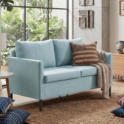 TYBOATLE 51" W Linen Fabric Upholstered Modern Loveseat Sofa Couch for Living Room, Love Seats 2-Seater Furniture w/Iron Legs for Compact Space, Apartment, Bedroom, Dorm, Office, Aqua Blue