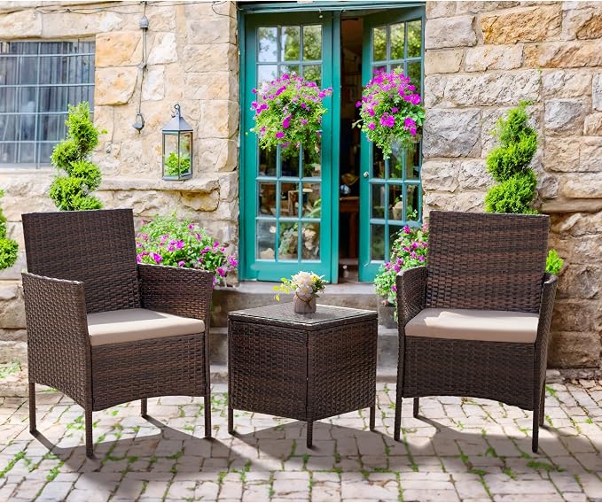 Flamaker Patio Furniture Set 3 Pieces All-Weather Rattan Outdoor Furniture Patio Chairs with Tempered Glass Table for Porch Bistro Balcony (Brown/Cream)