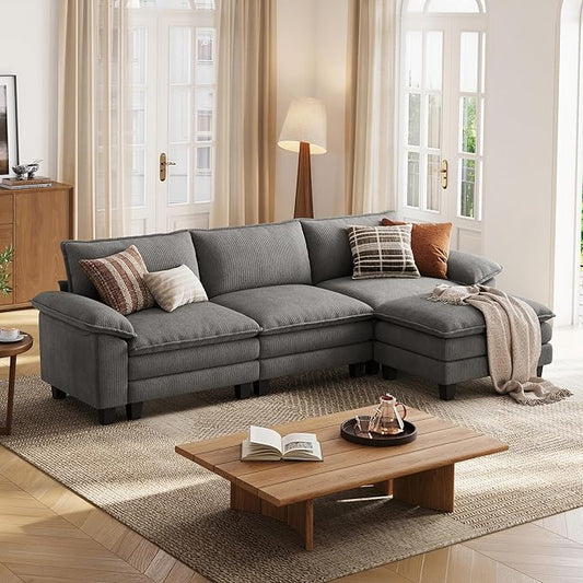 LINSY HOME 123'' Modular Sectional Sofa 3 Seat Couch Corduroy Cloud Couch with Deep Seat, Modern L-Shaped Cloud Couch with 1 Movable Ottoman for Living Room, Office, Bedroom, Grey