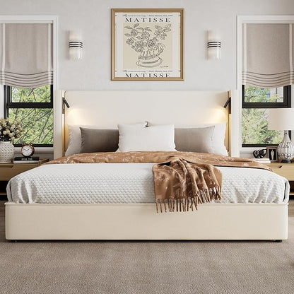 Christopher Knight Home Hazel 45.70"H California King Bed Frames, Linen Upholstered Cal King Bed Frame, Slats Panel Support, No Spring Box Needed, Wingback Headboard with Reading Lamps and USB, Beige