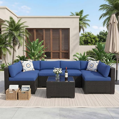7 PCS Outdoor Sectional Furniture Set, Wicker Conversation Set Sofa, Black | Freely combinable outdoor conversation sofa Weather resistant rattan wicker furniture Easy clean