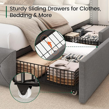 LARMACE King Size Bed Frame with LED Lights and 4 Storage Drawers Linen Upholstered Platform Bed Frame with 47.2" Tall Tufted Headboard Wingback, No Box Spring Needed, Easy to Assemble, Grey