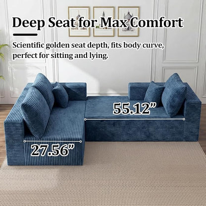 92.5" Modualr Sectional Sofa, L-Shape Corduroy Sectional Cloud Couch with Chaise, Upholstered Memory Foam Boneless Couch for Living Room, No Need Assembly - Blue(Left Facing Chaise)