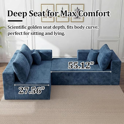 118" Modular Sectional Sofa with Chaise and Ottoman, Oversized U-Shaped Corduroy Cloud Couch, Deep Seat Boneless Couch for Living Room, No-Assembly - Blue (Right Facing Chaise)