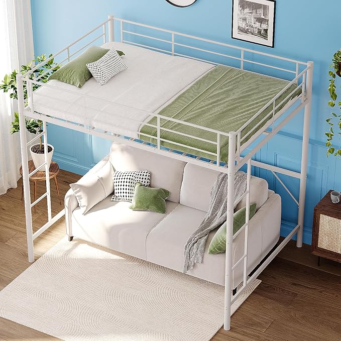 VINGL Loft Bed Full Size Kids Loft with 2 Stairs Design,Space-Saving Double Bed for Teens, Adults, Heavy Duty Metal Square Slat, No Box Spring Needed,White