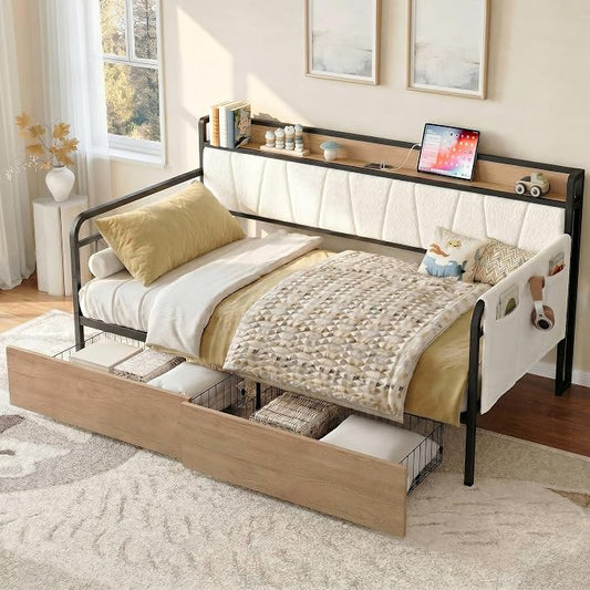 LIKIMIO Daybed with Storage Drawers, Twin Day Bed Frame with Boucle Upholstered Headboard and Charging Station, Sofa Day Bed with Strong Supports for Living Room, Bedroom and Guest Room, Cream