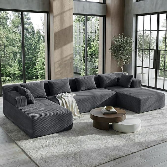 MONVANE 141" U Shaped Cloud Sectional Couch with Chaise Lounge, Modular Sectional Sofa with Removable Armrests, Comfy Corduroy Boneless Couches for Living Room, No Assembly Required, Grey