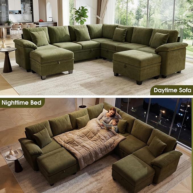 107.8" Oversized Modular Sectional Sofa with Pull Out Bed, 9 Seat U Shaped Sectional Sleeper Sofa with 291L Storage, Convertible Cloud Couch Bed, Sectional Couches for Living Room, Apartment (Green)