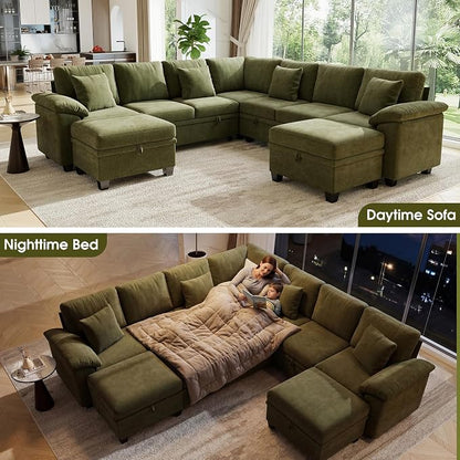 107.8" Oversized Modular Sectional Sofa with Pull Out Bed, 9 Seat U Shaped Sectional Sleeper Sofa with 291L Storage, Convertible Cloud Couch Bed, Sectional Couches for Living Room, Apartment (Green)