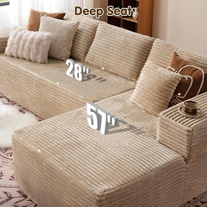 ovios 104" Cloud Boneless Couch with L-Shape Chaise,Modern Sectional Modular Sofa with Deep Seat, Upholstered Couches for Living Room Bedroom,No Assembly Required, Beige (Plush Corduroy Fabric)