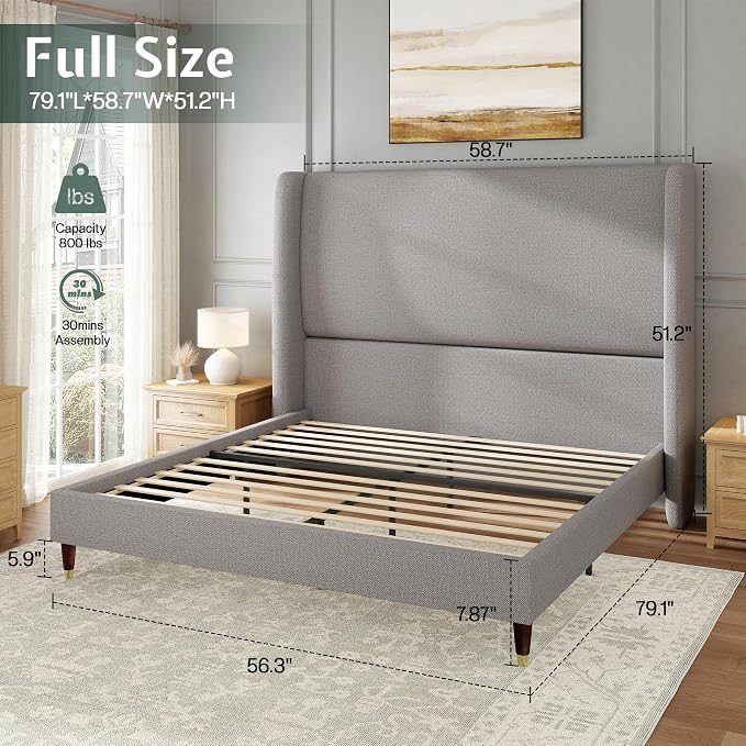 Jocisland Full Bed Frame 51.2" Wingback Headboard Linen Upholstered Platform Bed,Solid Wood Legs & Wooden Slats,No Box Spring Needed,Noise-Free,for Teen Room Small Bedroom Cozy Home,Light Grey