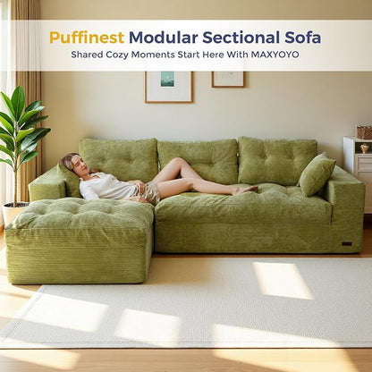 MAXYOYO 96" L Shaped Modular Sectional Sofa with Ottoman, Cloud Boneless Couch with Layered Cushion, Upholstered Sofa in a Box, Flexible Module Combination for Living Room, No Assembly, Green