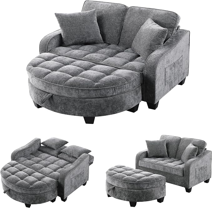 ERYE Chenille Tufted Loveseat Sofa and Ottoman Set, Tufted Recliner Sleeper Chaise Lounge with Curved Storage Ottoman,Reclining Backrest and Side Pockets, 4 Pillows
