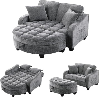 ERYE Chenille Tufted Loveseat Sofa and Ottoman Set, Tufted Recliner Sleeper Chaise Lounge with Curved Storage Ottoman,Reclining Backrest and Side Pockets, 4 Pillows