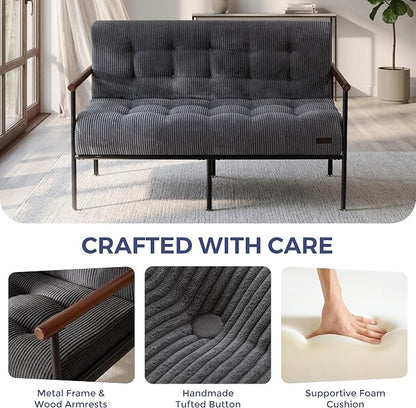 MAXYOYO Living Room Accent Chair, Loveseat Sofa Chair with Sturdy Metal Frame & Wood Armrests, Button Tufted Upholstered Small Couch Modern Love Seat for Bedroom Office, Dark Grey