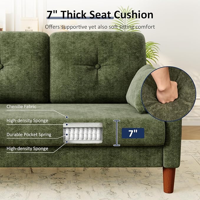 Vipbear 48" Loveseat Sofa,Modern Small Couches for Small Spaces,Green Chenille Love Seat Couch for Living Room,Bedroom,Apartment,Office,Deep Seat,Throw Pillow,Side Pockets,Square Armrest