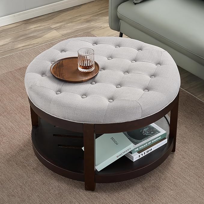 adochr Round Coffee Tables for Living Room,33’’ Storage Ottoman with Wooden Tray, Upholstered Ottoman Footrest Light Grey