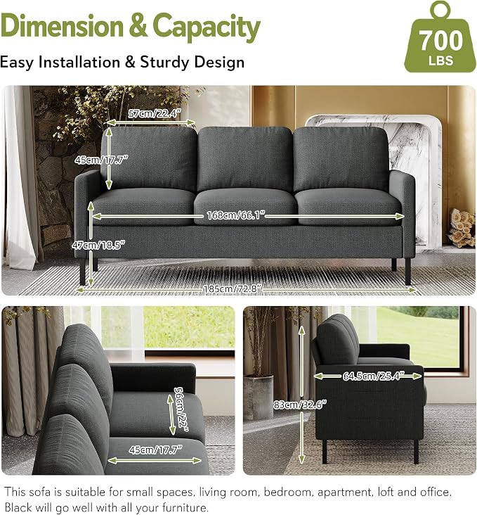 STHOUYN 72" W 3 Seater Couch with 2 USB, Comfy Grey Couch with 2 Pockets, Living Room Sofas with Reinforced Steel Frame, Cheap Sofas for Small Spaces, Dorm, Bedroom