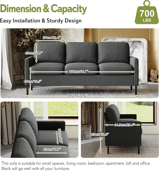 STHOUYN 72" W 3 Seater Couch with 2 USB, Comfy Grey Couch with 2 Pockets, Living Room Sofas with Reinforced Steel Frame, Cheap Sofas for Small Spaces, Dorm, Bedroom