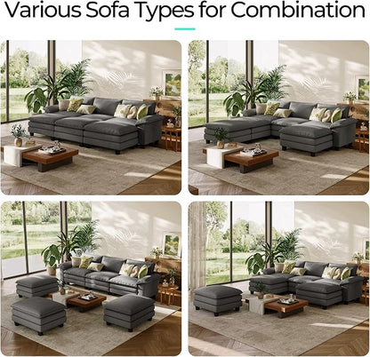 LINSY HOME 123'' Modular Sectional Sofa 3 Seat Couch Corduroy Cloud Couch with Deep Seat, Modern Cloud Couch with 3 Movable Ottoman for Living Room, Office, Bedroom, Grey