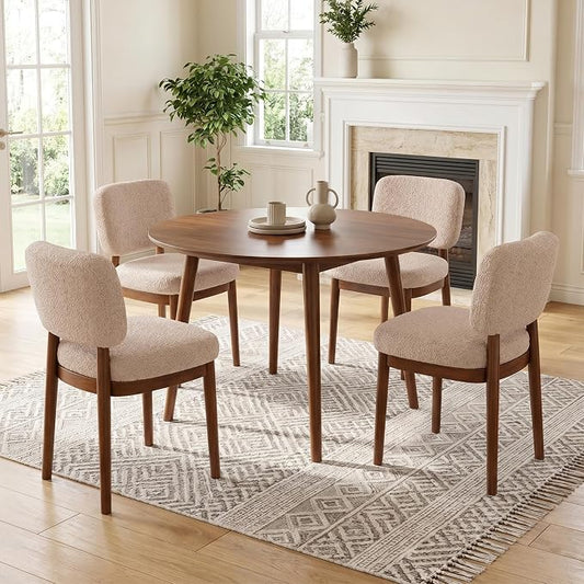 Wooden Dining Chairs Set of 4, Boucle Upholstered Kitchen Chairs with Solid Wood Legs, Mid Century Modern Dining Chairs, Farmhouse Side Chair with Hardwood Frame for Dining Room, Khaki