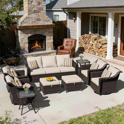 9 Pieces Patio Conversation Furniture Set - 1 Sofa, 2 Ottomans, 4 Swivel Chairs, 2 Side Tables, Outdoor Wicker Furniture with Removable Cushionsfor Porch, Balcony, Sunroom (Beige)