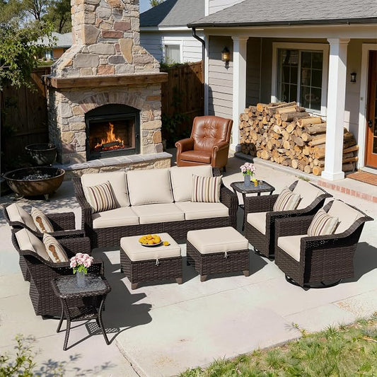 9 Pieces Patio Conversation Furniture Set - 1 Sofa, 2 Ottomans, 4 Swivel Chairs, 2 Side Tables, Outdoor Wicker Furniture with Removable Cushionsfor Porch, Balcony, Sunroom (Beige)