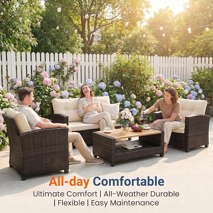 Wisteria Lane 4 Piece Patio Furniture Set, Wicker Outdoor Patio Conversation Furniture Set, All Weather Outdoor Patio Sofa with Cushion and Wood Table, Beige Wood