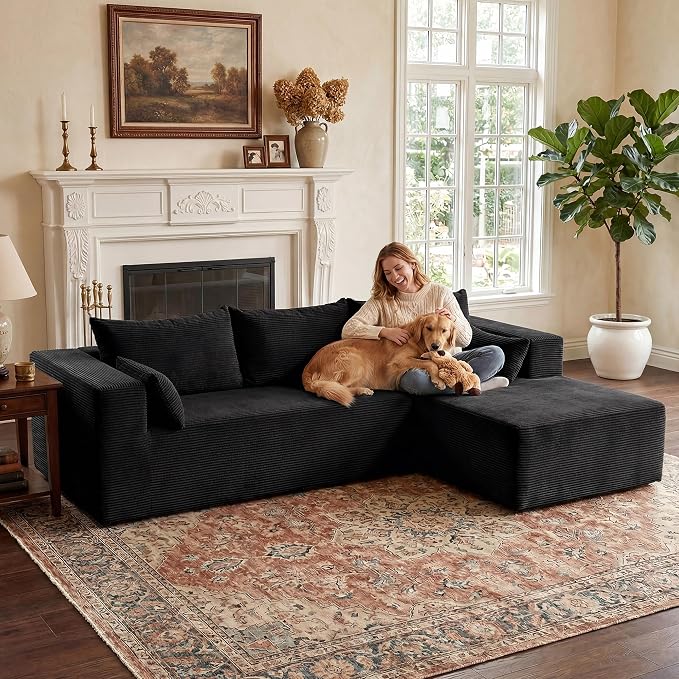 GRUSIGN106 Cloud Sectional Boneless Couch for Living Room, Modular L Shaped Couches with Oversized Right Facing Chaise, Memory Foam Compressed Spineless Deep Seat 3 Seater Sofa for Apartment, Black