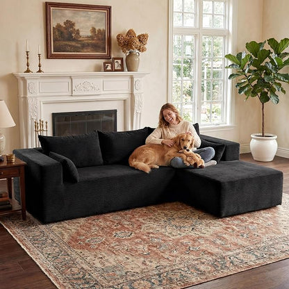 GRUSIGN106 Cloud Sectional Boneless Couch for Living Room, Modular L Shaped Couches with Oversized Right Facing Chaise, Memory Foam Compressed Spineless Deep Seat 3 Seater Sofa for Apartment, Black