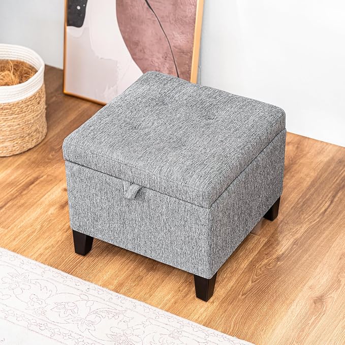 Adeco 18-Inch Cube Storage Ottoman, Upholstered Linen Footrest Stool with Hinged Lid for Living Room & Bedroom, Small Vanity Seat with Solid Wood Legs, Supports 350 lbs, Beige Grey