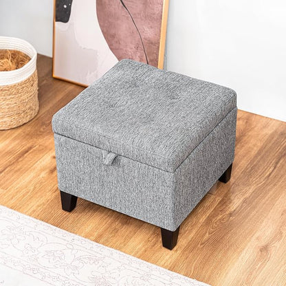Adeco 18-Inch Cube Storage Ottoman, Upholstered Linen Footrest Stool with Hinged Lid for Living Room & Bedroom, Small Vanity Seat with Solid Wood Legs, Supports 350 lbs, Beige Grey