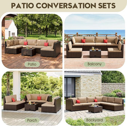 LHBcraft 7 Piece Patio Outdoor Furniture Set, Outdoor Sectional Furniture, Outside Patio Sofa Sectional All-Weather Manual Weaving PE Rattan Wicker, Beige Cushion and Glass Table