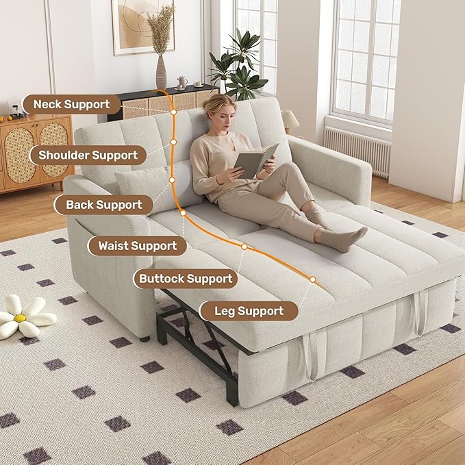 Nebuaegis Sleeper Sofa Bed,3-in-1 Convertible Pull Out Couch with Adjustable Backrest for Living Room,Loveseat Sofa Bed with Side Pockets,Easy Assembly,Beige,1 PCS