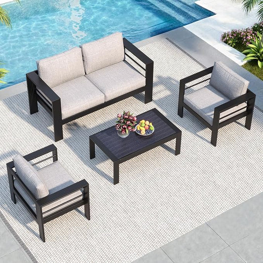 Solaste Aluminum Patio Furniture Set for All Weather, Oversized Metal Outdoor Furniture Set with 27.5" Deep Seating and 3.2" WIde Armrest, Outdoor Patio Conversation Sets with 10’’ Back Suport Cushion