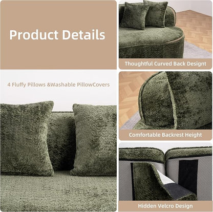 114" Curved Sectional Sofa Couch，4 Seater Oversized Boneless Cloud Couch with 4 Throw Pillows，Modern Round Couch Sofa，Comfy Deep Seat Chenille Memory Foam Sofa for Living Room (Green, 114.2 Inch)