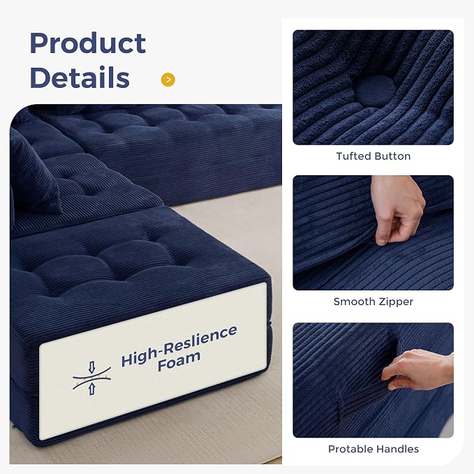 MAXYOYO Modular Sectional Sofa Couch, Foldable U Shaped Cloud Couch with Pillows, Tufted 6-Seat Boneless Lounger Floor Sofa Bed for Living Room, No Assembly Required, Navy