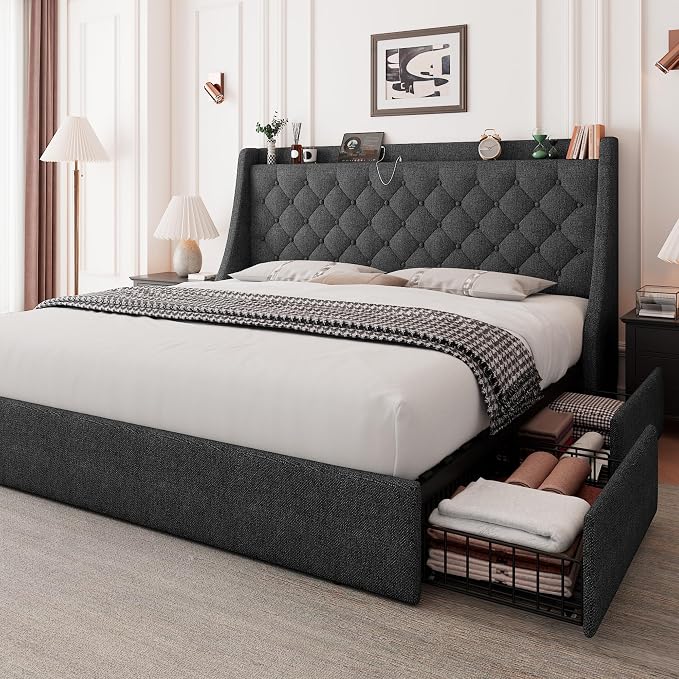 Feonase King Size Bed Frame with 4 Storage Drawers, Upholstered Storage Bed with Charging Station, Tufted Wingback Headboard, No Box Spring Needed, Dark Grey