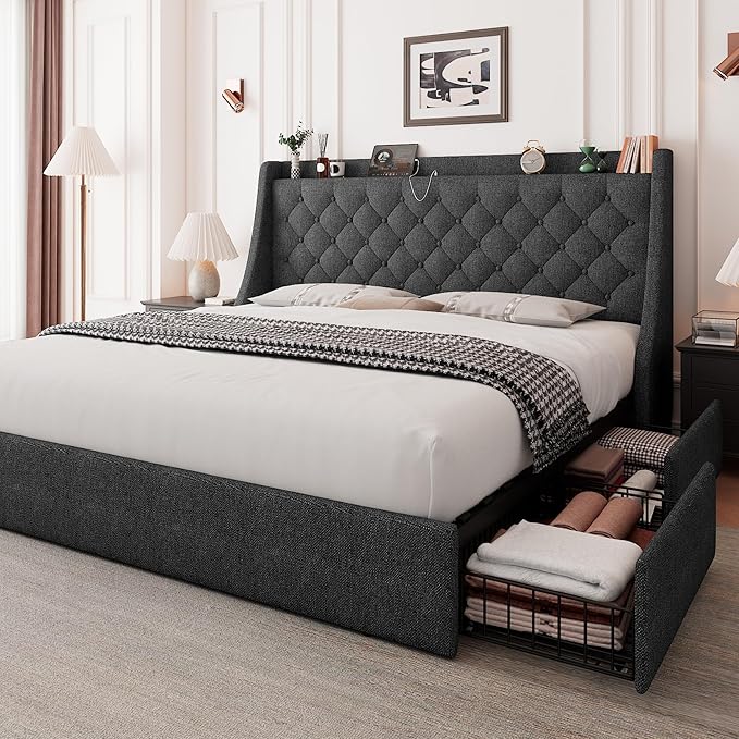 Feonase Upholstered Full Size Bed Frame with 4 Storage Drawers, Charging Station, Tufted Wingback Storage Headboard, No Box Spring Needed, Easy Assembly, Dark Grey