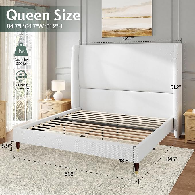 Jocisland Queen Size Bed Frame 51.2" Wingback Headboard Linen Upholstered Platform Bed,Solid Wood Legs & Wooden Slats,No Box Spring Needed,Noise-Free,for Family Guest Room Cozy Home,White
