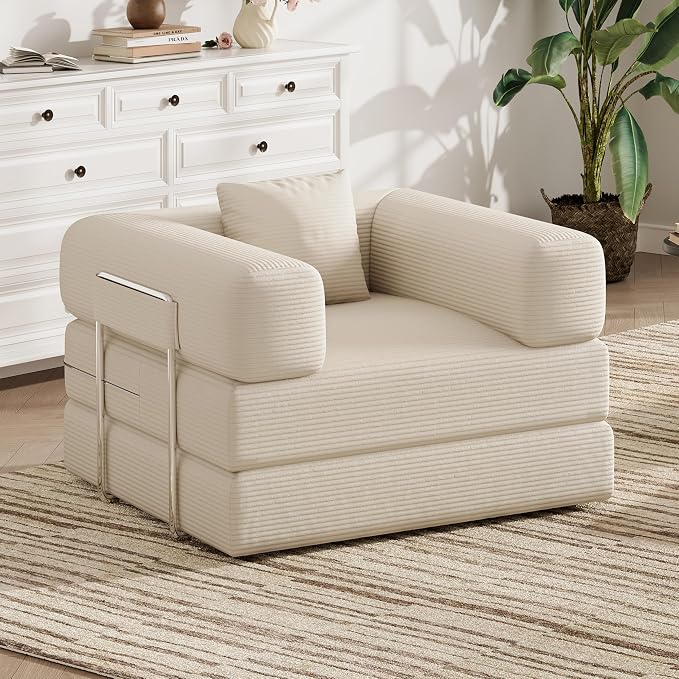 Single Couch Sofa for Small Spaces 2 in 1 Convertible Sofa to Lounger Comfy Bean Bag Chair for Adults with Removable Cover with Pillows for Bedroom, Apartment, Office (Beige, 35.43" Single Sofa)