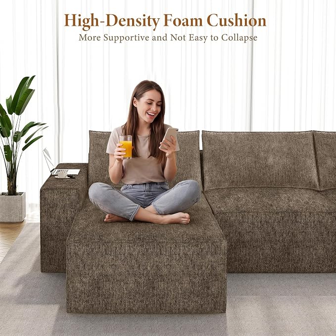 Vesgantti 145.6" Modular Boneless Couch, Modern U Shaped 6 Seater Sectional Sofa with 2 Ottoman & Deep Seat, Convertible Chenille Cloud Couches for Living Room, No Assembly Required, Dark Brown