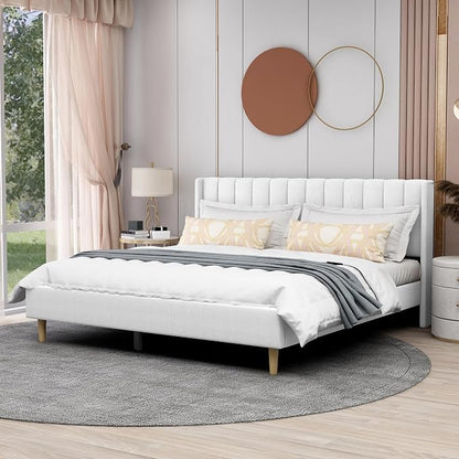 AGARTT Upholstered Platform Bed Frame King Size with Headboard and Footboard/Wooden Slats Support/No Box Spring Needed/Easy Assembly,White Linen