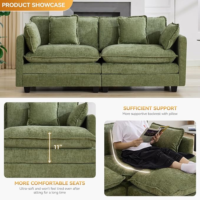 76" Cloud Loveseat Sofa, Modular Sectional Couch with Deep Seats and Double-Layer Thick Cushions, Chenille Upholstered 2-Seat Sofa for Living Room Apartment,Green