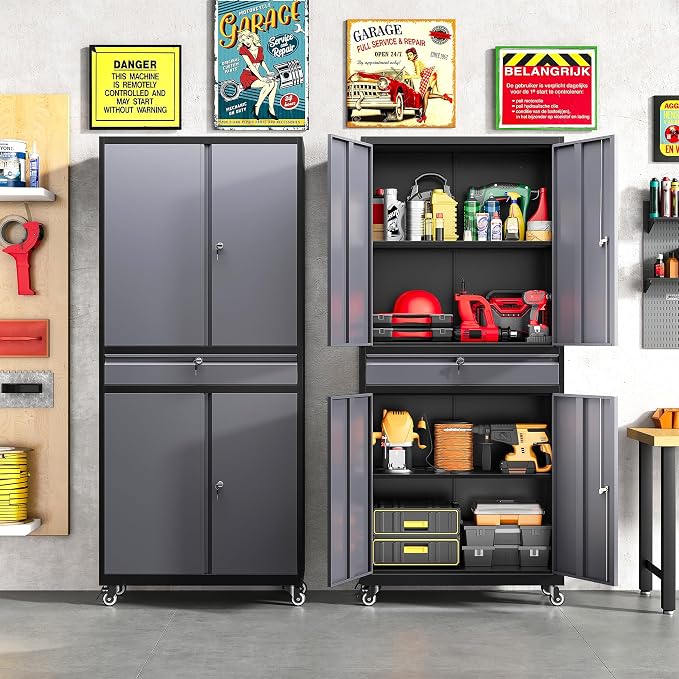 Metal Garage Storage Cabinet with Wheels and Drawer,Gray Rolling Garage Cabinet with Locking Doors and Adjustable Shelves,73" Tall Mobile Metal Storage Cabinets on Wheels for Home,Office,Garages,Tool