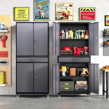 Metal Garage Storage Cabinet with Wheels and Drawer,Gray Rolling Garage Cabinet with Locking Doors and Adjustable Shelves,73" Tall Mobile Metal Storage Cabinets on Wheels for Home,Office,Garages,Tool