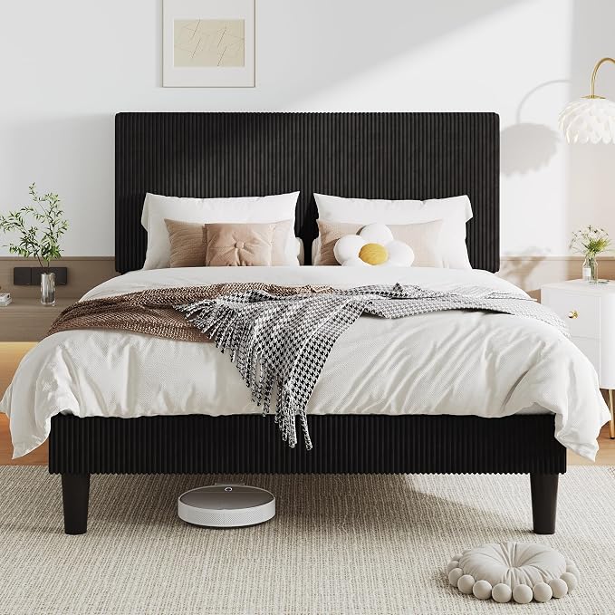 Allewie Full Size Upholstered Bed Frame with Vertical Channel Tufted Headboard, Soft Corduroy Fabric Platform Bed, Strong Wooden Slats Support, Easy Assembly, No Box Spring Needed, Black