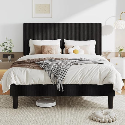 Allewie Queen Size Upholstered Bed Frame with Vertical Channel Tufted Headboard, Soft Corduroy Fabric Platform Bed, Strong Wooden Slats Support, Easy Assembly, No Box Spring Needed, Black