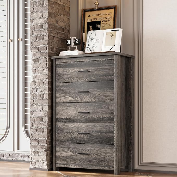 5 Piece Bedroom Furniture Sets, Rustic Style Bedroom Furniture Sets with 1 Queen Size Platform Bed, 2 Drawers and 1 Dresser for Living Room, Farmhouse Bedroom Set, Antique Gray