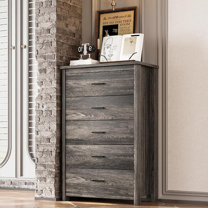 5 Piece Bedroom Furniture Sets, Rustic Style Bedroom Furniture Sets with 1 Queen Size Platform Bed, 2 Drawers and 1 Dresser for Living Room, Farmhouse Bedroom Set, Antique Gray